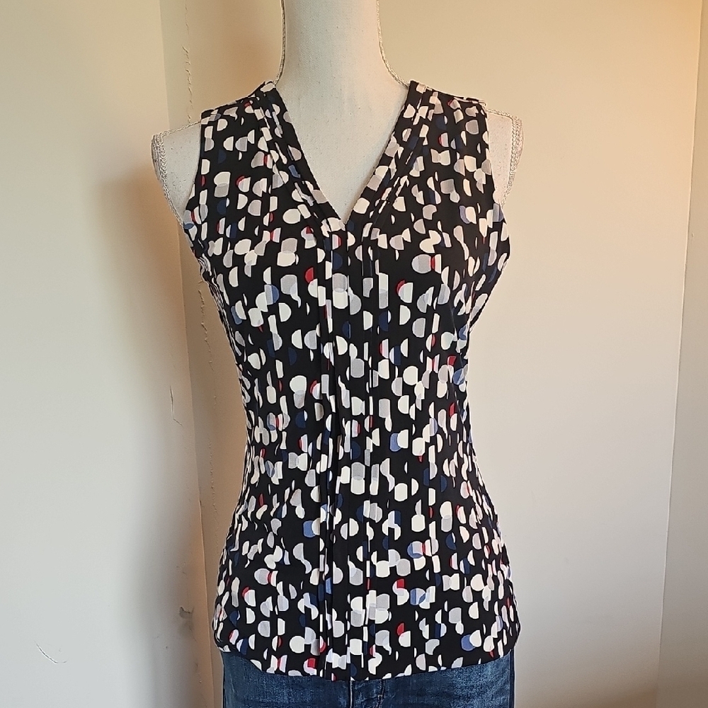 White House Black Market V-Neck Top - Black and White with Red Accents